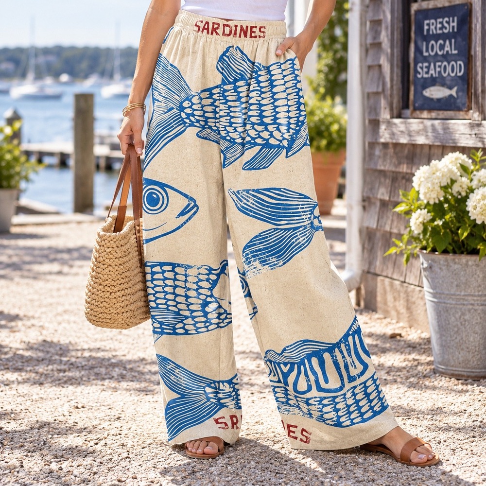 Nice To Meet You Sardine Print Wide Leg Pants Cream Blue Red Medium Boho Coastal